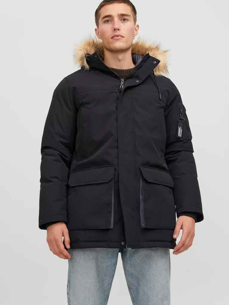 JACK&JONES SAKER FAUX FUR HOODED PARKA Black-Men Coats | Parka | Warmest | Outerwear | Jackets &Coats