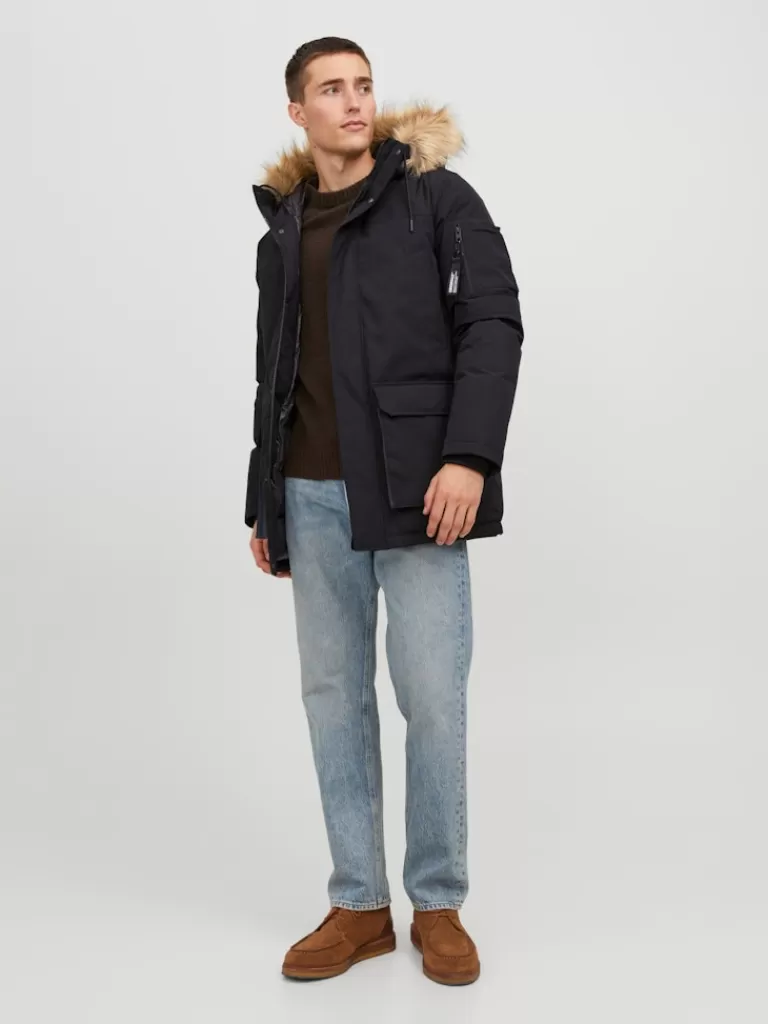 JACK&JONES SAKER FAUX FUR HOODED PARKA Black-Men Coats | Parka | Warmest | Outerwear | Jackets &Coats