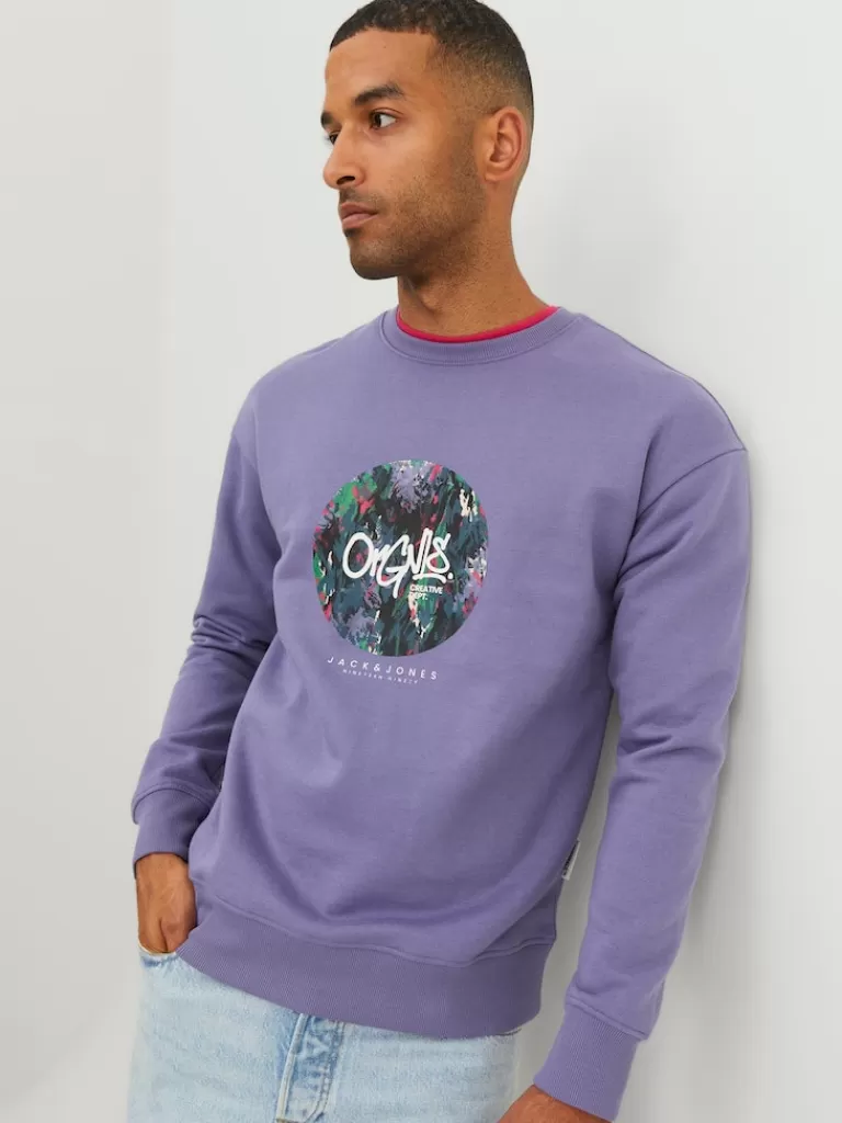 JACK&JONES SILVERLAKE RELAXED FIT PRINT SWEATSHIRT Twilight Purple-Men Sweatshirts &Hoodies