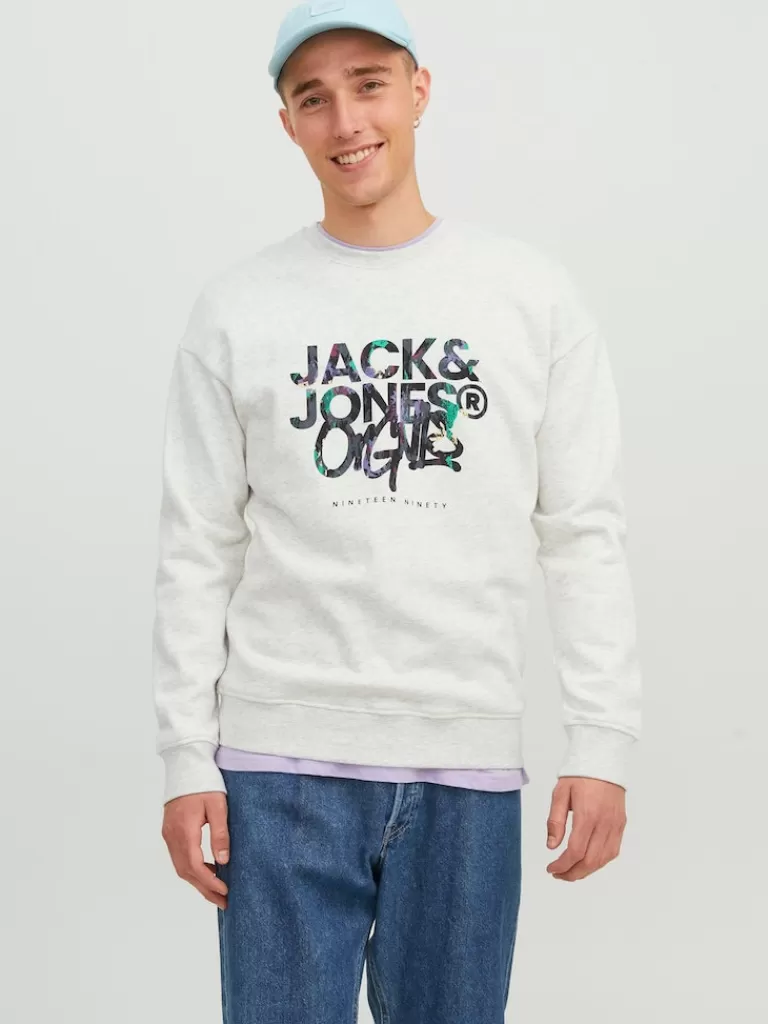 JACK&JONES SILVERLAKE RELAXED FIT PRINT SWEATSHIRT White Melange-Men Sweatshirts &Hoodies