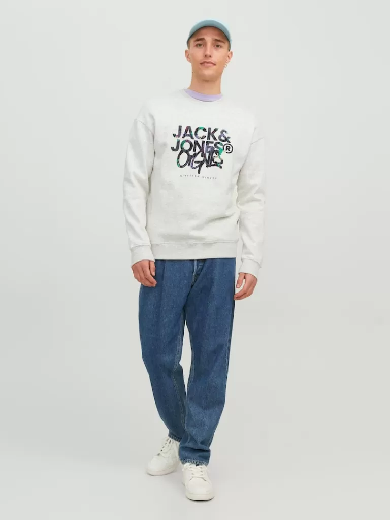 JACK&JONES SILVERLAKE RELAXED FIT PRINT SWEATSHIRT White Melange-Men Sweatshirts &Hoodies