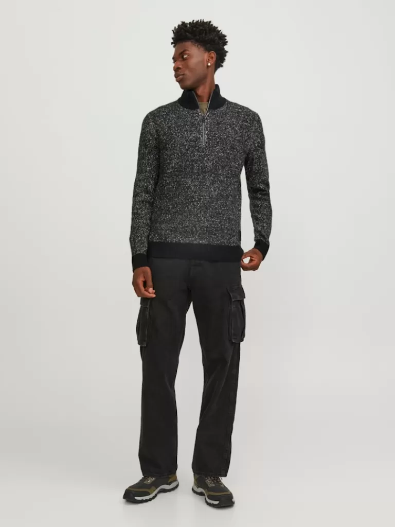 JACK&JONES SPACE HALF ZIP HIGH NECK SWEATER Black-Men Sweaters &Cardigans