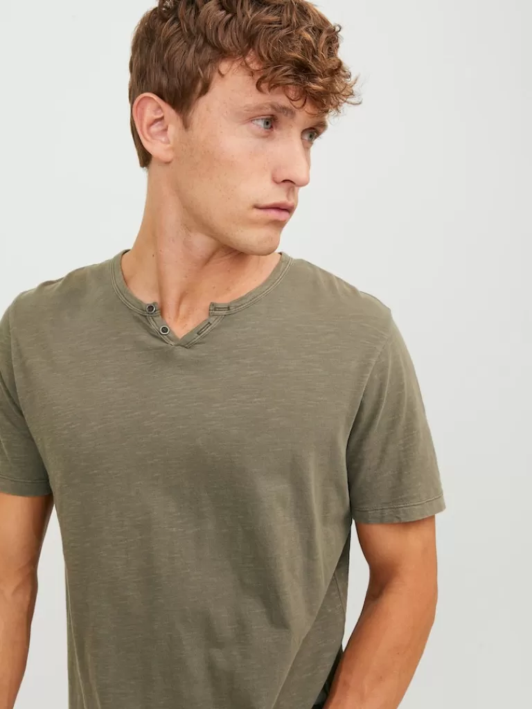 JACK&JONES SPLIT NECK T-SHIRT Dusky Green-Men T-shirts