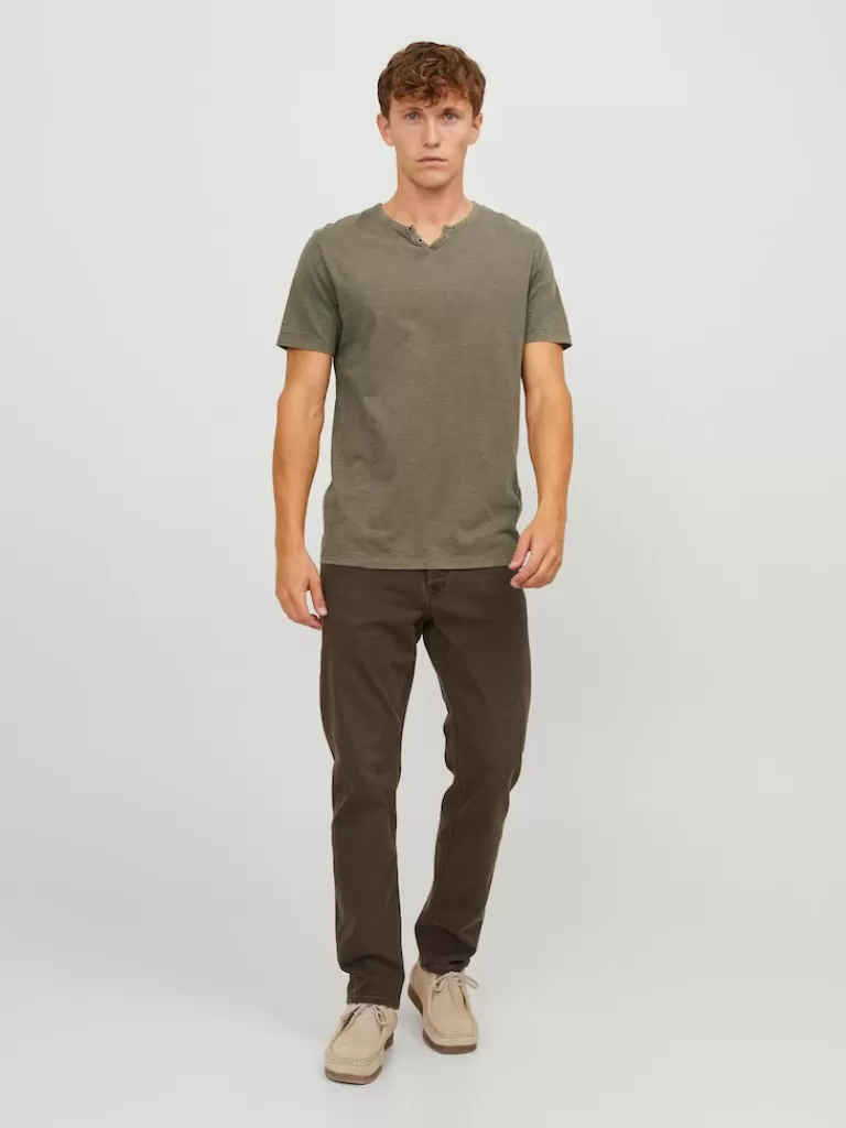 JACK&JONES SPLIT NECK T-SHIRT Dusky Green-Men T-shirts