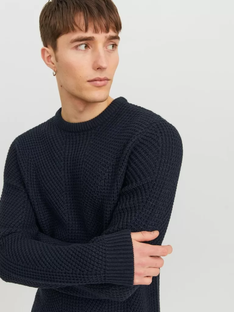 JACK&JONES STANDFORD CREW NECK TEXTURED SWEATER Navy Blazer-Men Sweaters &Cardigans