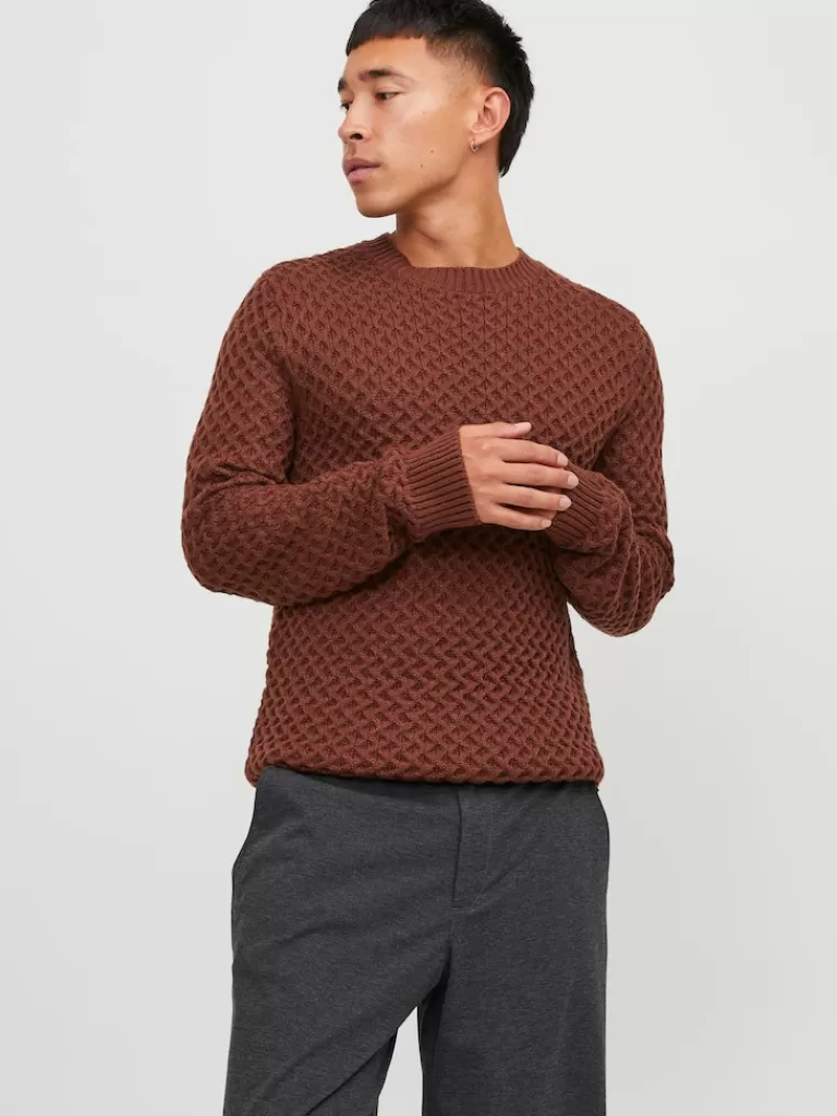 JACK&JONES STEEN TEXTURED SWEATER Cherry Mahogany-Men Sweaters &Cardigans