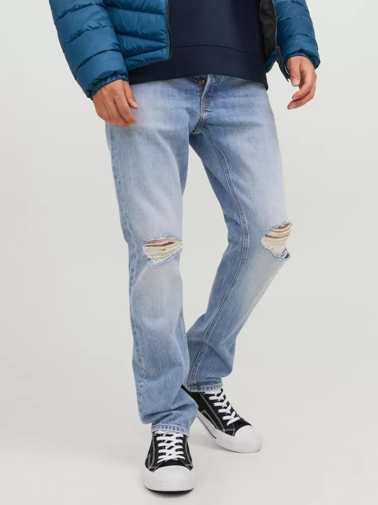 JACK&JONES TIM 884 SLIM STRAIGHT FIT RIPPED JEANS Blue Denim-Men Tim - Slim Straight Fit | Jeans