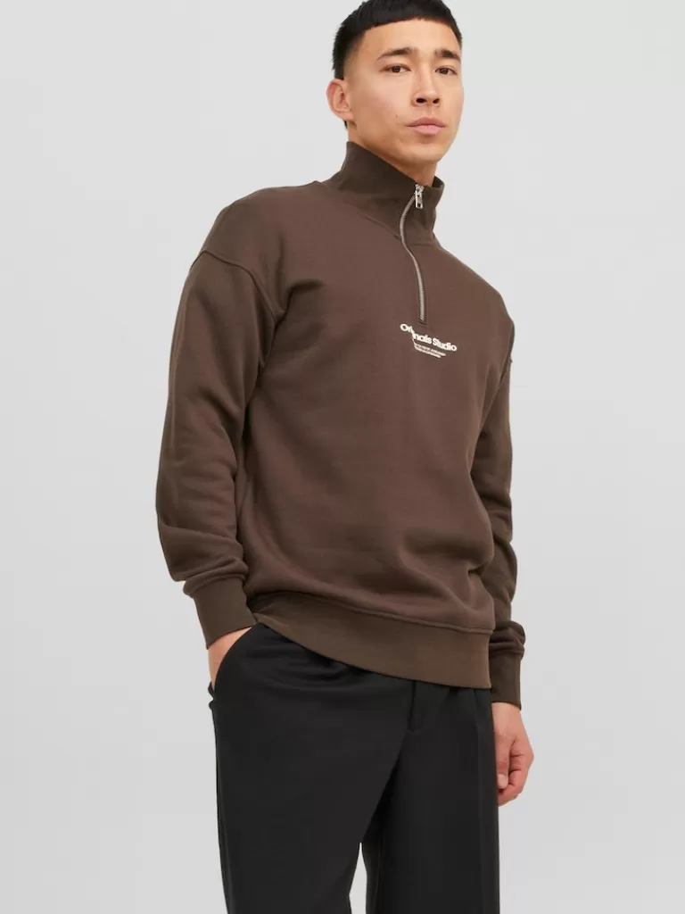 JACK&JONES VESTERBRO HALF-ZIP HIGH NECK SWEATSHIRT Chocolate Brown-Men Sweatshirts &Hoodies