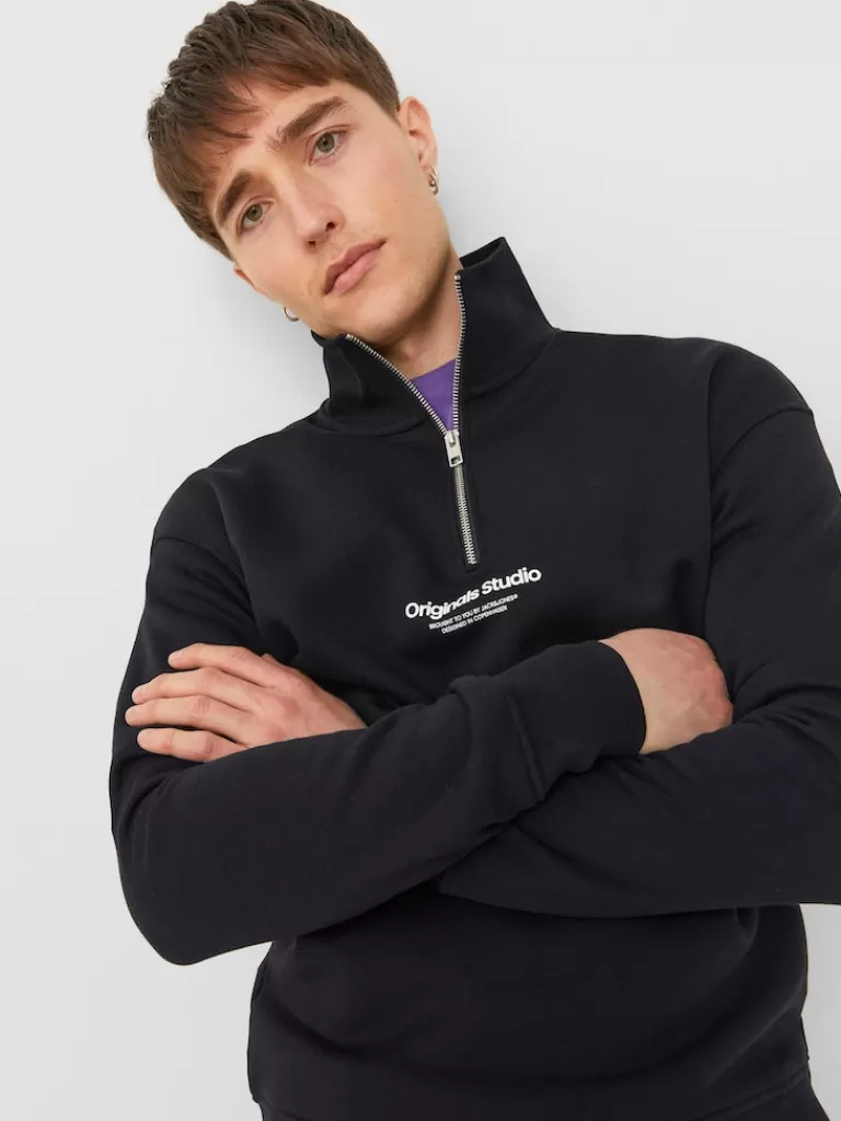 JACK&JONES VESTERBRO HALF-ZIP HIGH NECK SWEATSHIRT Black-Men Sweatshirts &Hoodies