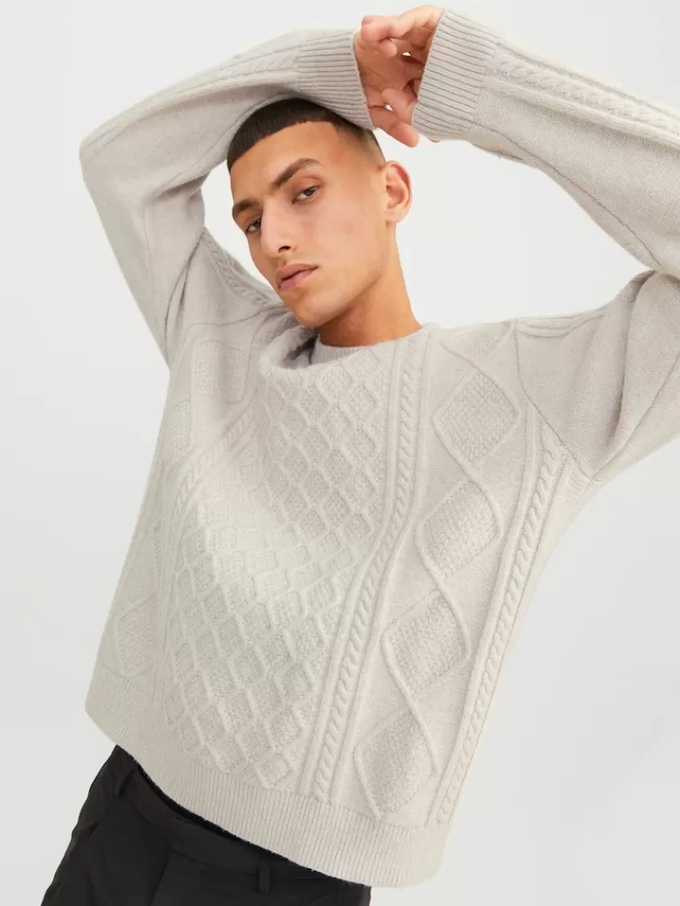 JACK&JONES VILLERAY CABLE KNIT CREW NECK SWEATER Moonbeam-Men Sweaters &Cardigans