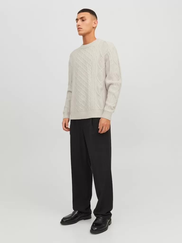 JACK&JONES VILLERAY CABLE KNIT CREW NECK SWEATER Moonbeam-Men Sweaters &Cardigans