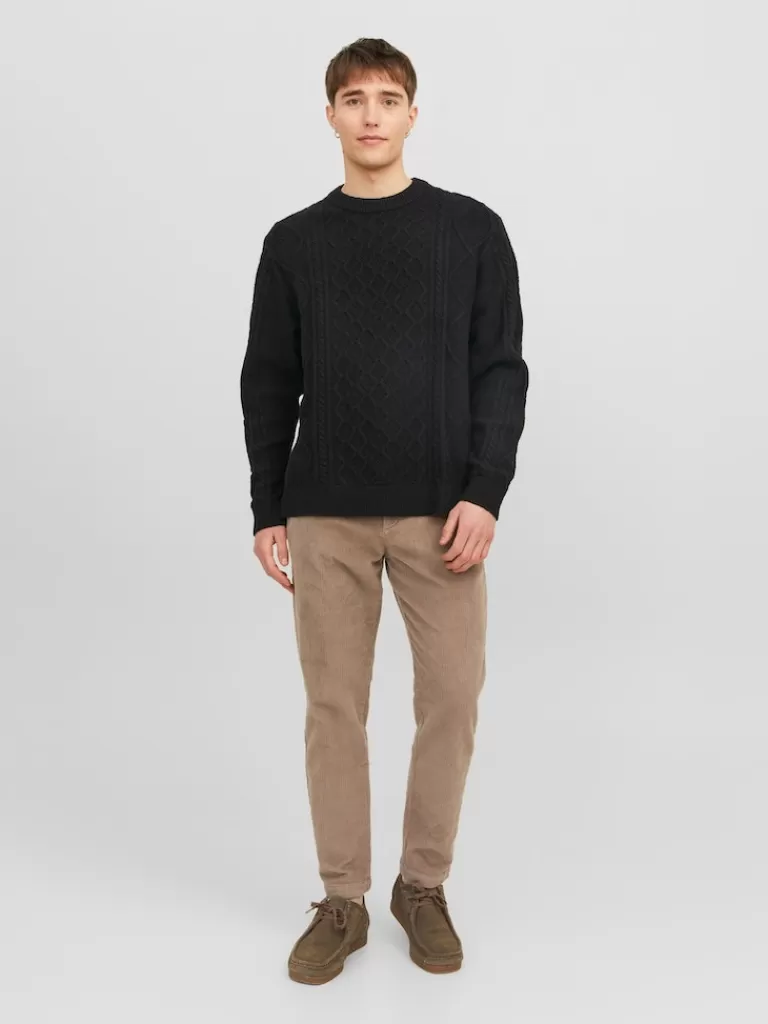 JACK&JONES VILLERAY CABLE KNIT CREW NECK SWEATER Black-Men Sweaters &Cardigans