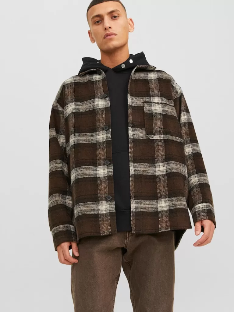 JACK&JONES ZAC RELAXED FIT PLAID OVERSHIRT Chocolate Brown-Men Overshirts &Shackets | Outerwear | Shirts &Overshirts