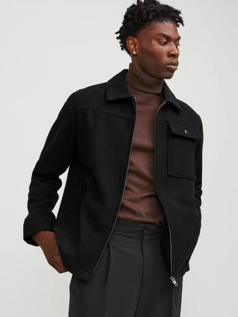 JACK&JONES ZAC WOOL-BLEND ZIP SHACKET Black-Men Wool | Jackets | Transitional weather | Overshirts &Shackets | Lightweight | Outerwear | Shirts &Overshirts | Jackets &Coats