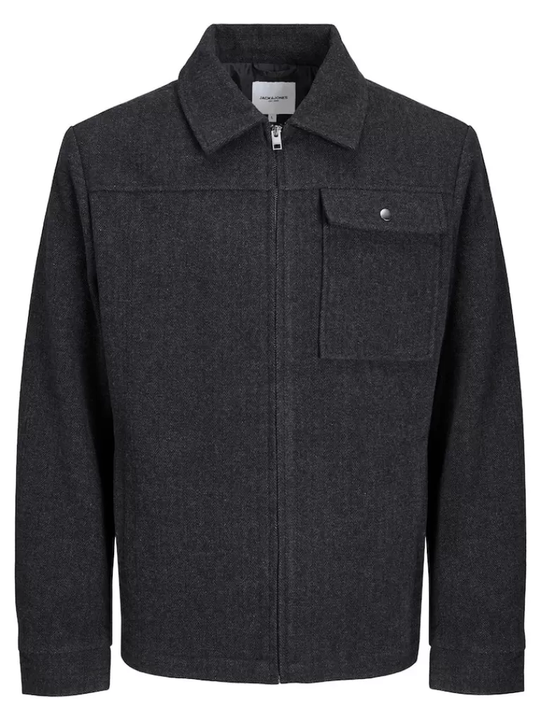 JACK&JONES ZAC WOOL-BLEND ZIP SHACKET Dark Grey-Men Wool | Jackets | Transitional weather | Overshirts &Shackets | Lightweight | Outerwear | Shirts &Overshirts | Jackets &Coats