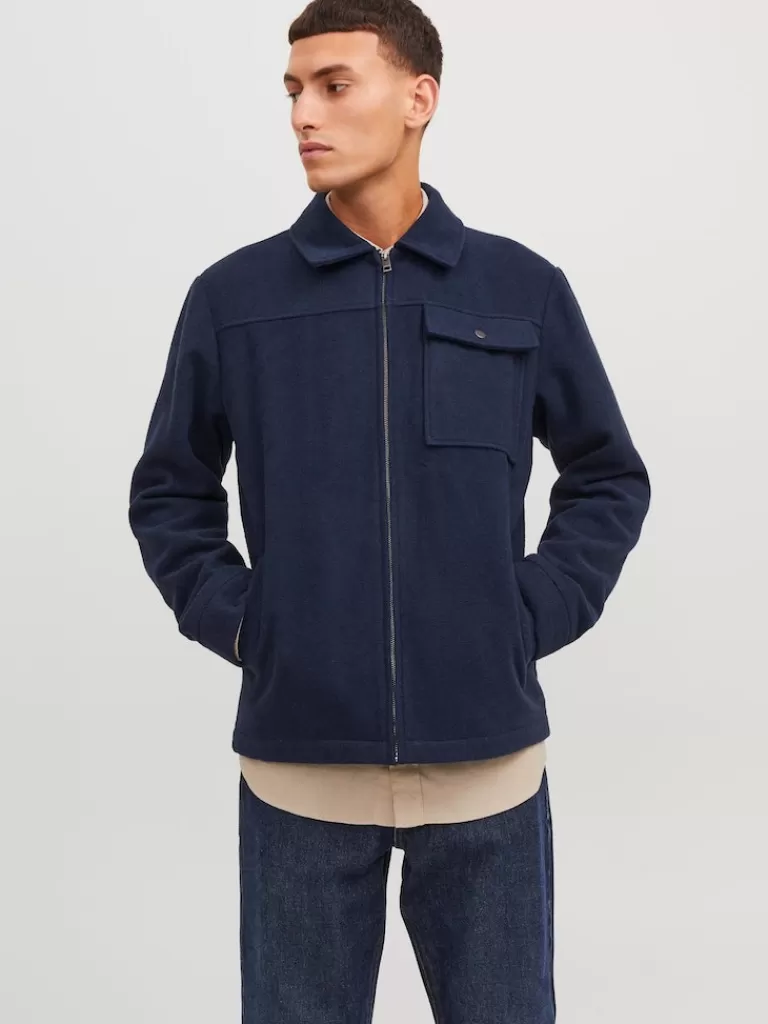 JACK&JONES ZAC WOOL-BLEND ZIP SHACKET Navy Blazer-Men Wool | Jackets | Transitional weather | Overshirts &Shackets | Lightweight | Outerwear | Shirts &Overshirts | Jackets &Coats