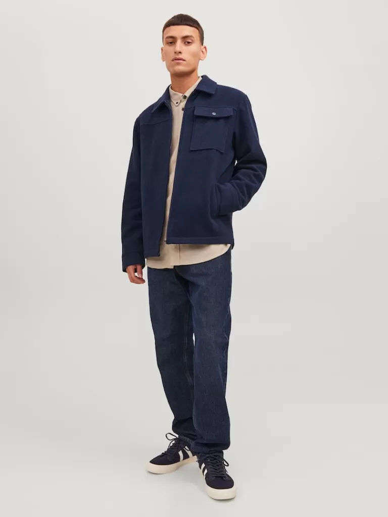 JACK&JONES ZAC WOOL-BLEND ZIP SHACKET Navy Blazer-Men Wool | Jackets | Transitional weather | Overshirts &Shackets | Lightweight | Outerwear | Shirts &Overshirts | Jackets &Coats