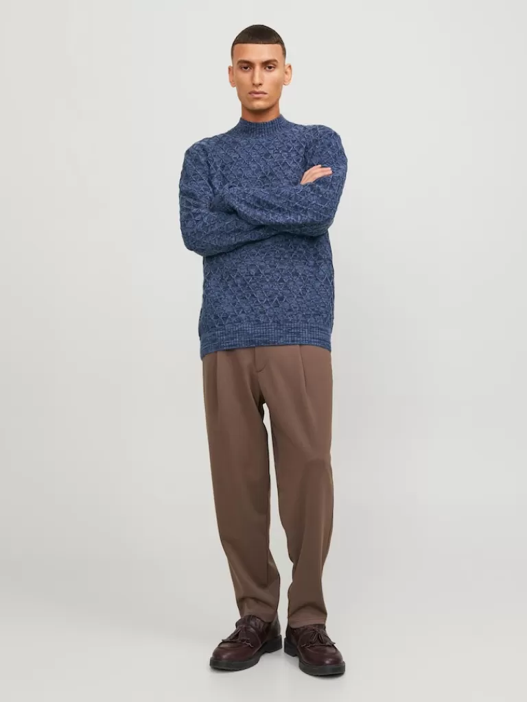 JACK&JONES ZIGGI MOCK NECK TEXTURED SWEATER Night Sky-Men Sweaters &Cardigans