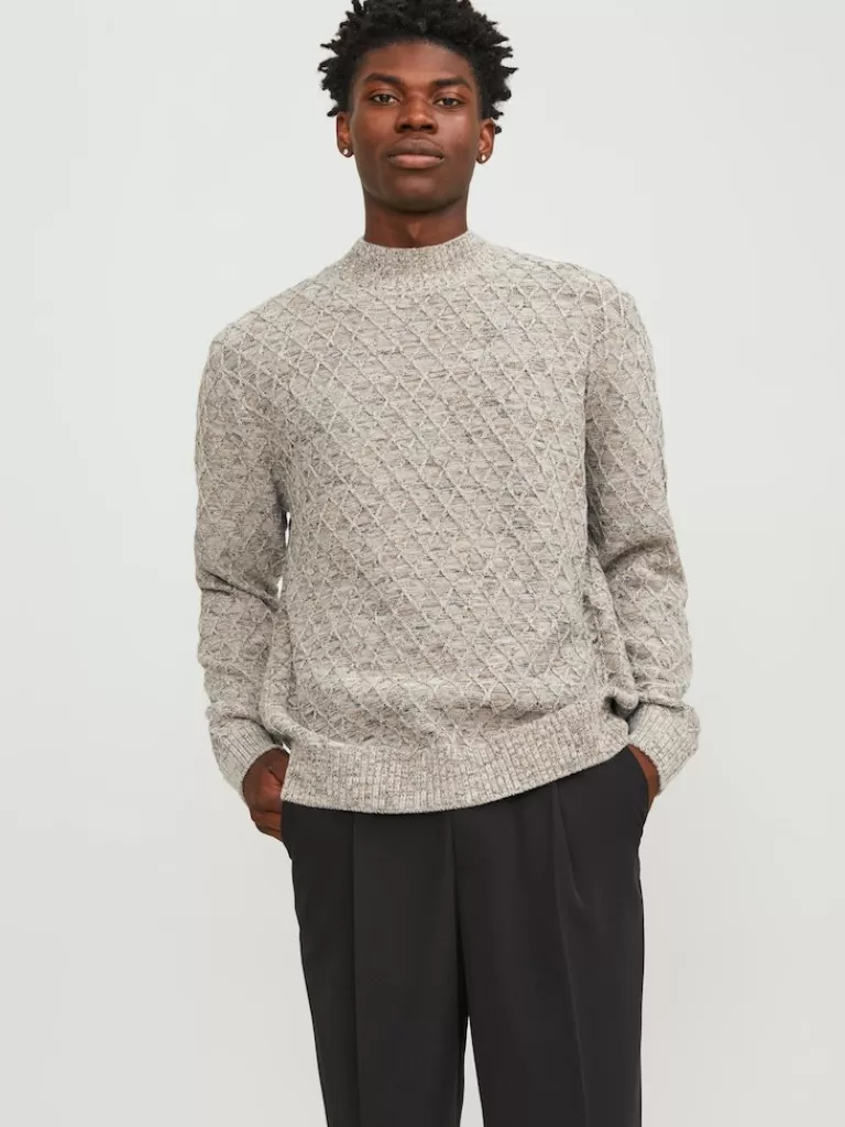 JACK&JONES ZIGGI MOCK NECK TEXTURED SWEATER Oatmeal-Men Sweaters &Cardigans