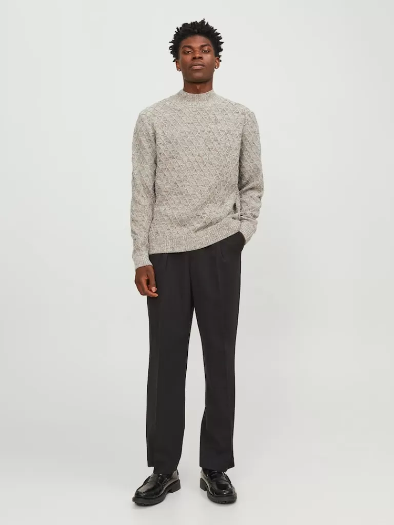 JACK&JONES ZIGGI MOCK NECK TEXTURED SWEATER Oatmeal-Men Sweaters &Cardigans